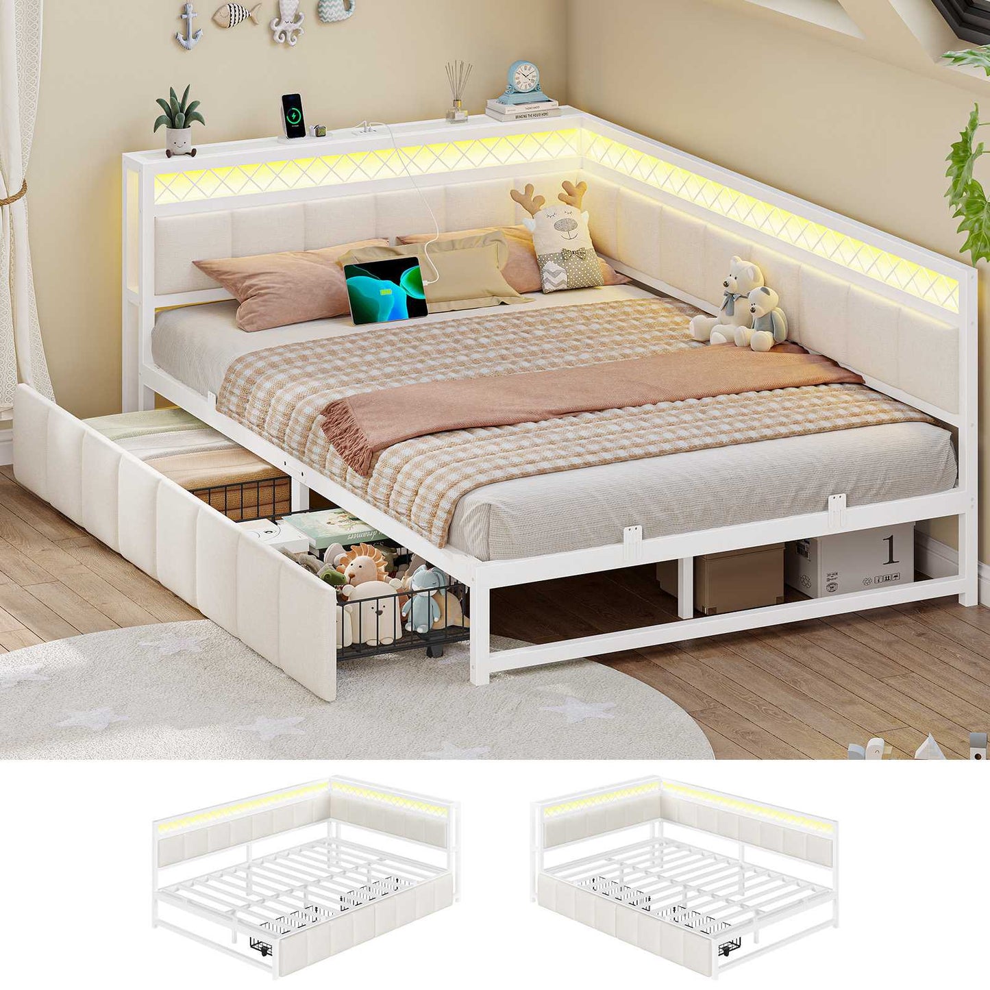 AOGLLATI Canapé Lit 140x200 avec Étagère Ouverte et 2 Grands Tiroirs Lit 140x200 avec Éclairage LED et Multiprise
