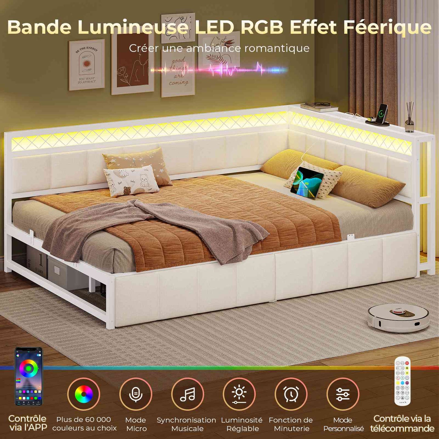 AOGLLATI Canapé Lit 140x200 avec Étagère Ouverte et 2 Grands Tiroirs Lit 140x200 avec Éclairage LED et Multiprise