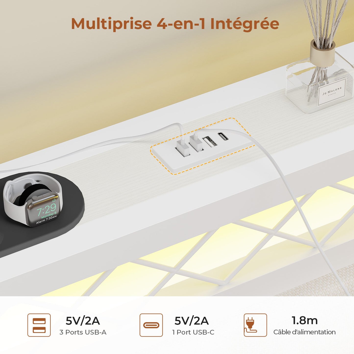 AOGLLATI Canapé Lit 140x200 avec Étagère Ouverte et 2 Grands Tiroirs Lit 140x200 avec Éclairage LED et Multiprise