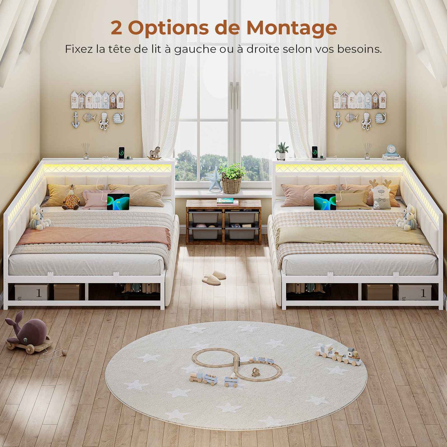AOGLLATI Canapé Lit 140x200 avec Étagère Ouverte et 2 Grands Tiroirs Lit 140x200 avec Éclairage LED et Multiprise