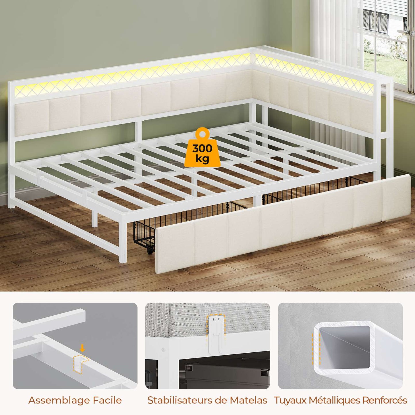 AOGLLATI Canapé Lit 140x200 avec Étagère Ouverte et 2 Grands Tiroirs Lit 140x200 avec Éclairage LED et Multiprise