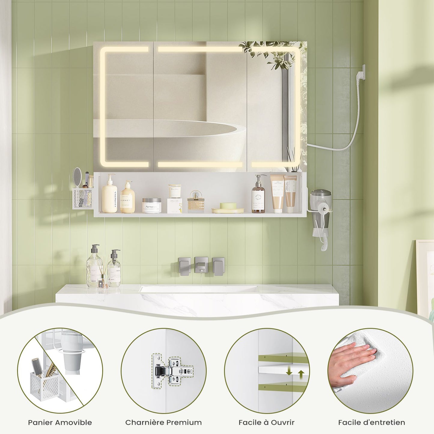 Armoire Murale Salle de Bain avec Éclairage LED & Prise Armoire de Toilette avec Miroir HD Étagère Réglable