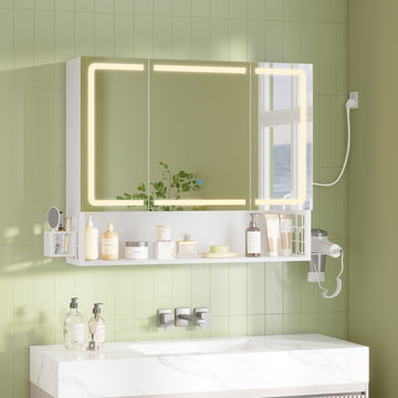 Armoire Murale Salle de Bain avec Éclairage LED & Prise Armoire de Toilette avec Miroir HD Étagère Réglable