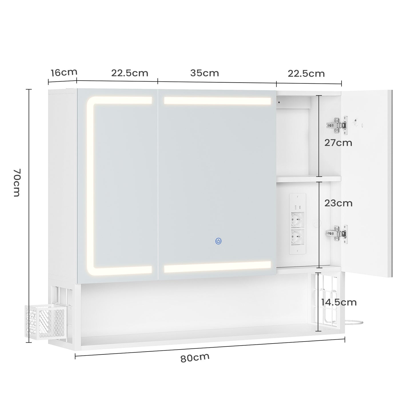 Armoire Murale Salle de Bain avec Éclairage LED & Prise Armoire de Toilette avec Miroir HD Étagère Réglable