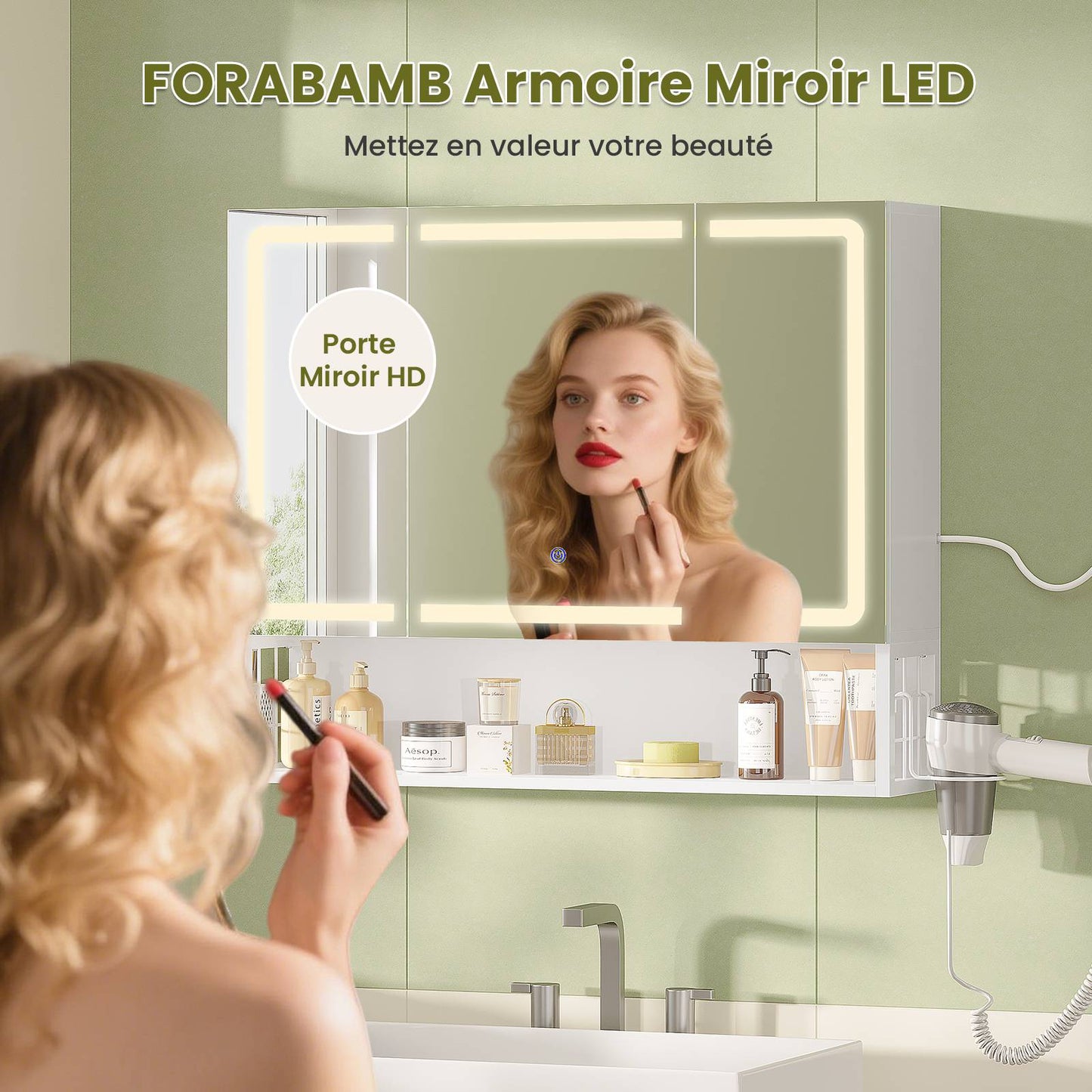 Armoire Murale Salle de Bain avec Éclairage LED & Prise Armoire de Toilette avec Miroir HD Étagère Réglable