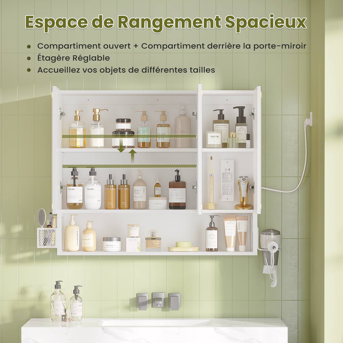 Armoire Murale Salle de Bain avec Éclairage LED & Prise Armoire de Toilette avec Miroir HD Étagère Réglable