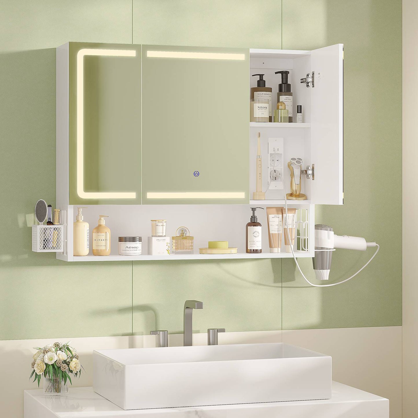 Armoire Murale Salle de Bain avec Éclairage LED & Prise Armoire de Toilette avec Miroir HD Étagère Réglable
