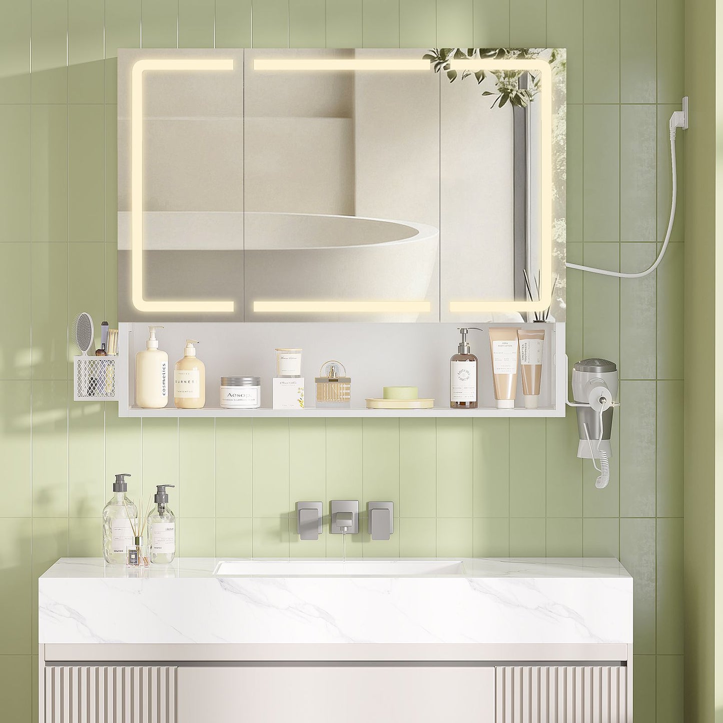 Armoire Murale Salle de Bain avec Éclairage LED & Prise Armoire de Toilette avec Miroir HD Étagère Réglable