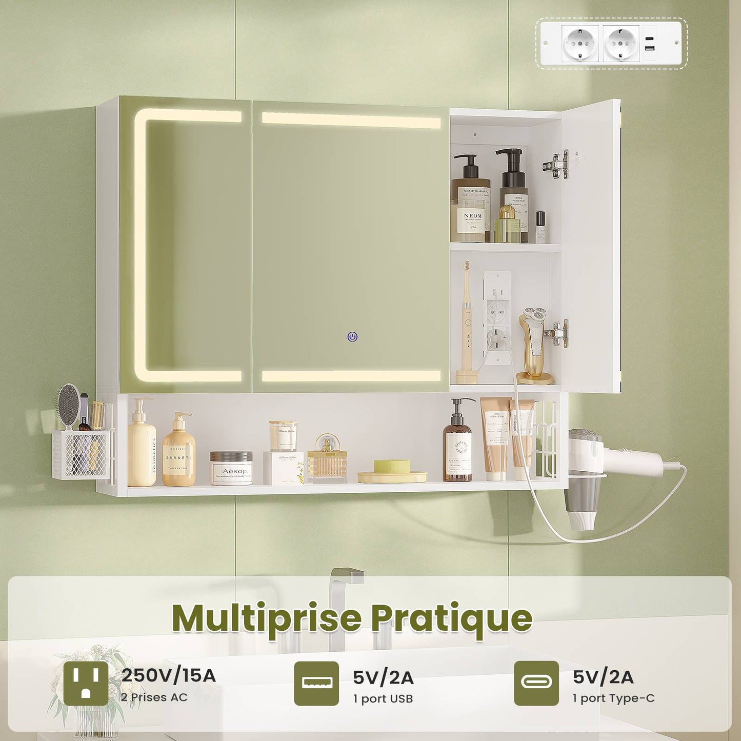 Armoire Murale Salle de Bain avec Éclairage LED & Prise Armoire de Toilette avec Miroir HD Étagère Réglable