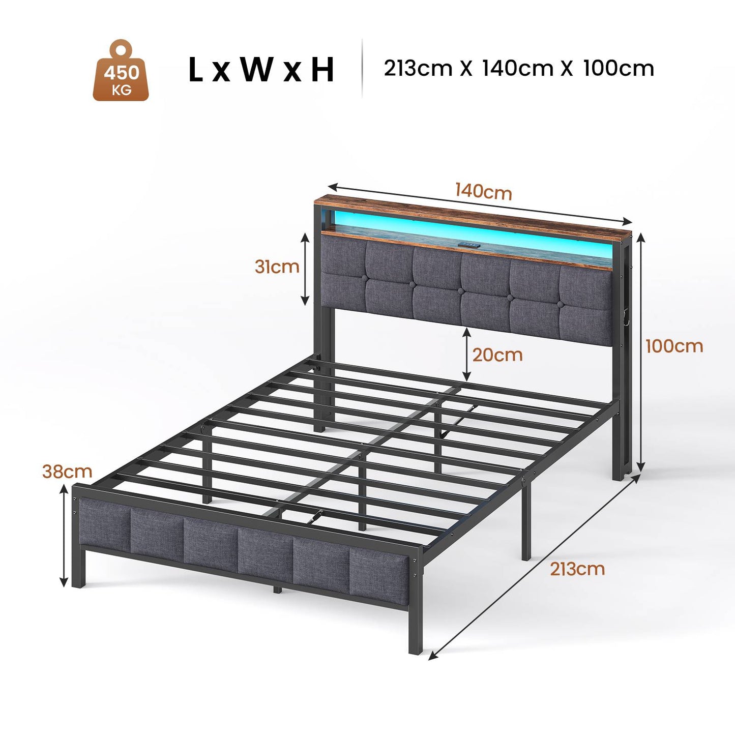 Lit AOGLLATI 140 x 200 lit double équipé d'un éclairage LED de 4 ports USB de 2 étagères ouvertes et d'un espace de rangement de 31 cm sous le sommier