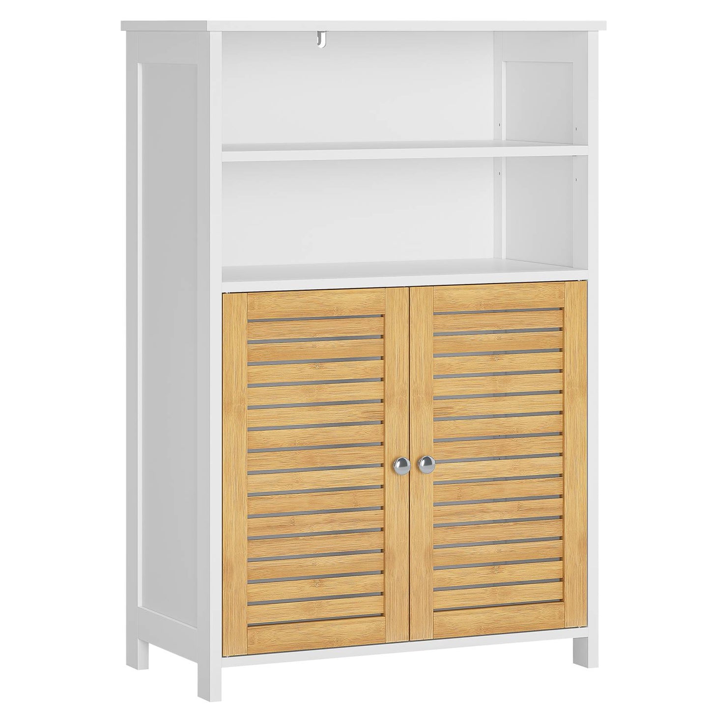 Meuble de salle de bains meuble de rangement de cuisine doté de 2 étagères ouvertes et de 2 portes en bambou adapté à la salle à manger à la cuisine et au salon 60 x 30 x 100 cm