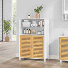 Meuble de salle de bains meuble de rangement de cuisine doté de 2 étagères ouvertes et de 2 portes en bambou adapté à la salle à manger à la cuisine et au salon 60 x 30 x 100 cm