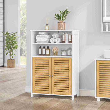 Meuble de salle de bains meuble de rangement de cuisine doté de 2 étagères ouvertes et de 2 portes en bambou adapté à la salle à manger à la cuisine et au salon 60 x 30 x 100 cm