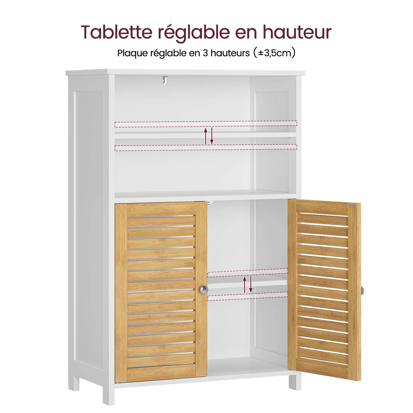 Meuble de salle de bains meuble de rangement de cuisine doté de 2 étagères ouvertes et de 2 portes en bambou adapté à la salle à manger à la cuisine et au salon 60 x 30 x 100 cm