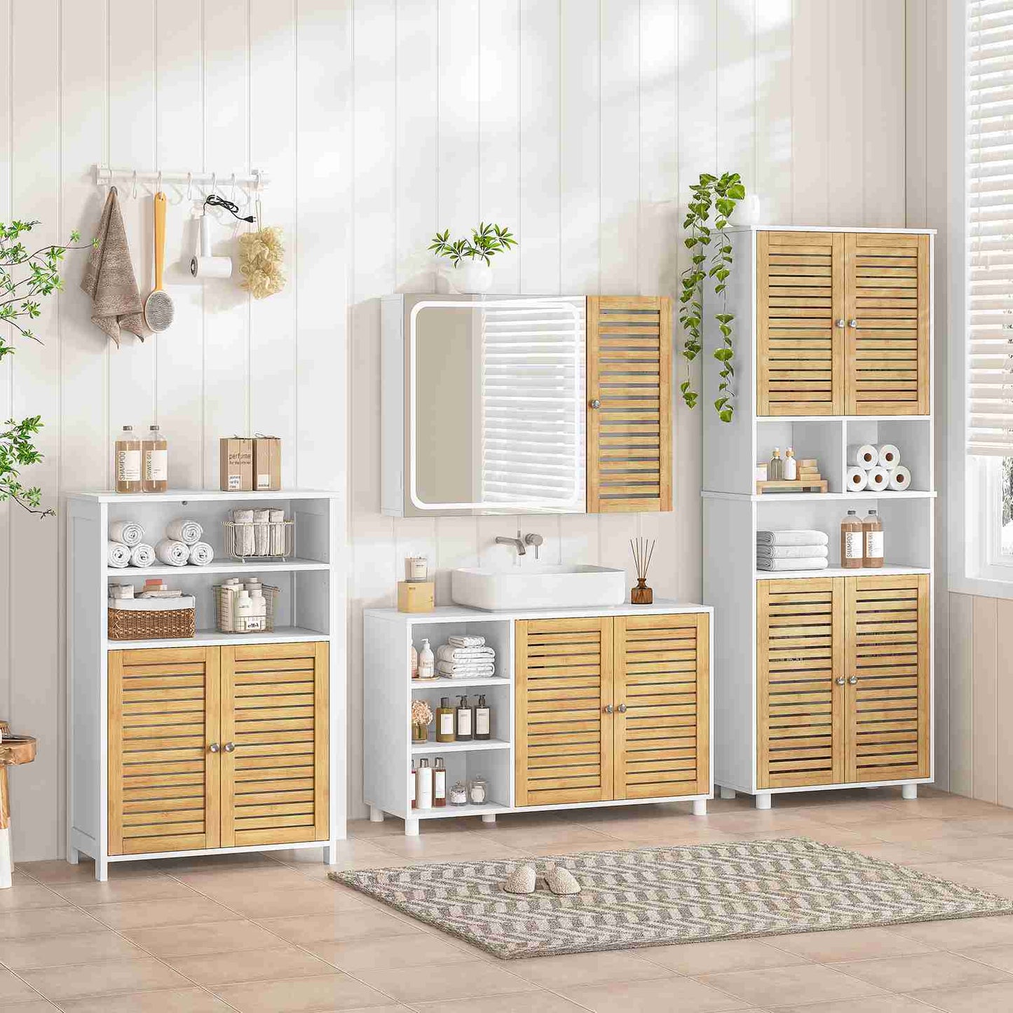Meuble de salle de bains meuble de rangement de cuisine doté de 2 étagères ouvertes et de 2 portes en bambou adapté à la salle à manger à la cuisine et au salon 60 x 30 x 100 cm