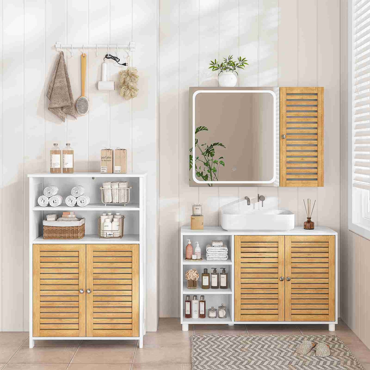 Meuble de salle de bains meuble de rangement de cuisine doté de 2 étagères ouvertes et de 2 portes en bambou adapté à la salle à manger à la cuisine et au salon 60 x 30 x 100 cm