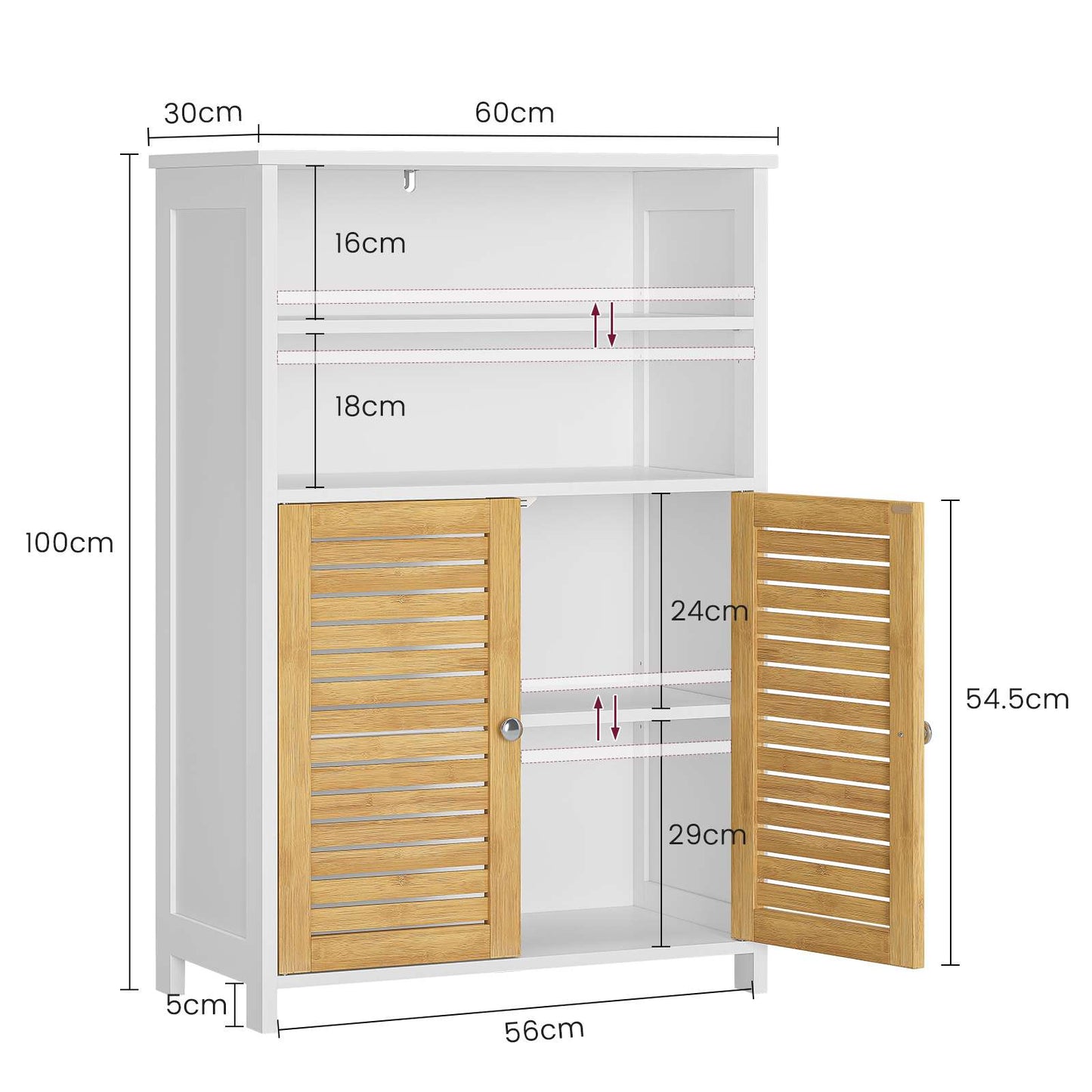 Meuble de salle de bains meuble de rangement de cuisine doté de 2 étagères ouvertes et de 2 portes en bambou adapté à la salle à manger à la cuisine et au salon 60 x 30 x 100 cm
