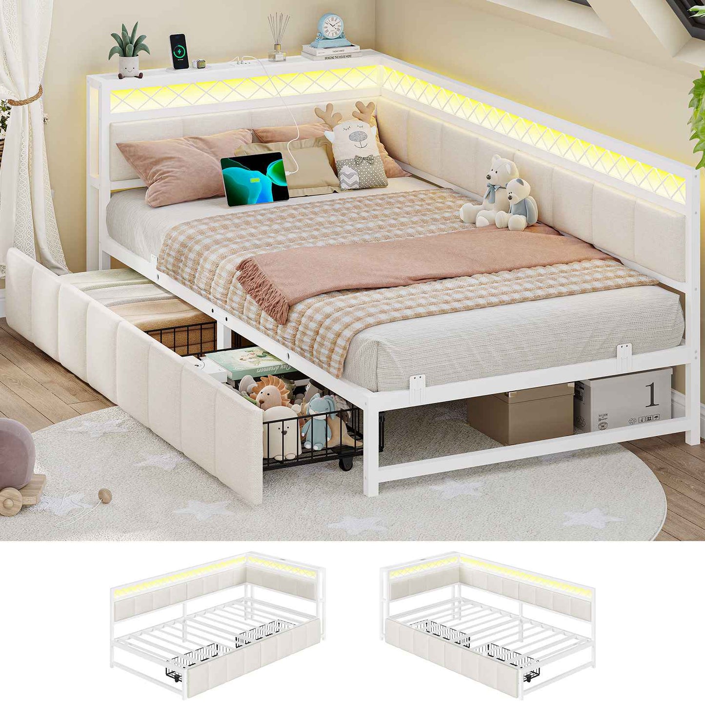Canapé Lit 90x200 avec Étagère Ouverte et 2 Grands Tiroirs Lit Coffre 90x200 avec Éclairage LED et Multiprise