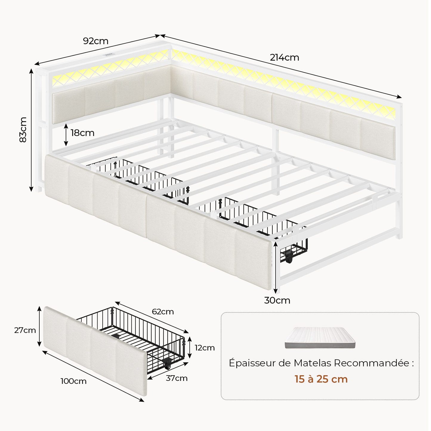 Canapé Lit 90x200 avec Étagère Ouverte et 2 Grands Tiroirs Lit Coffre 90x200 avec Éclairage LED et Multiprise
