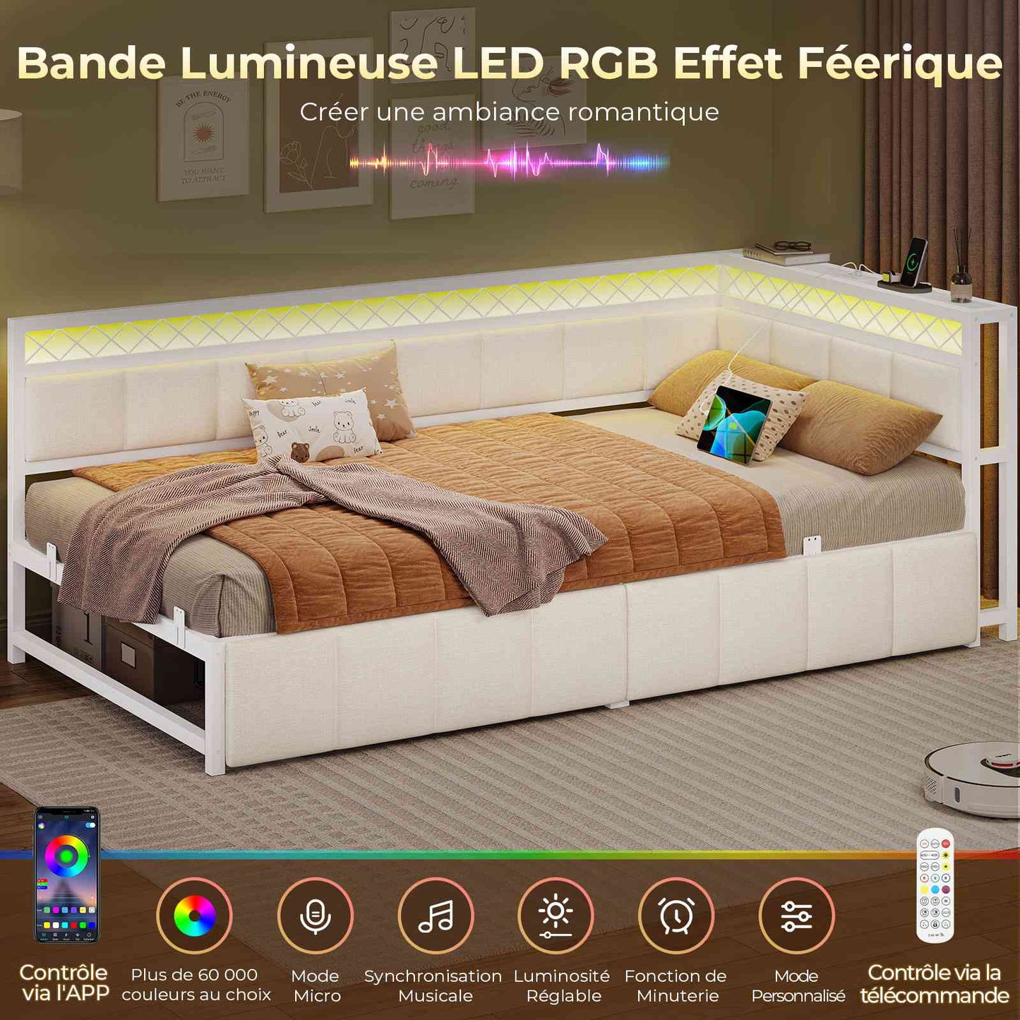 Canapé Lit 90x200 avec Étagère Ouverte et 2 Grands Tiroirs Lit Coffre 90x200 avec Éclairage LED et Multiprise