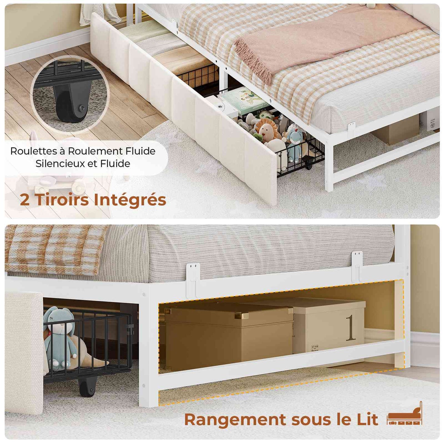 Canapé Lit 90x200 avec Étagère Ouverte et 2 Grands Tiroirs Lit Coffre 90x200 avec Éclairage LED et Multiprise