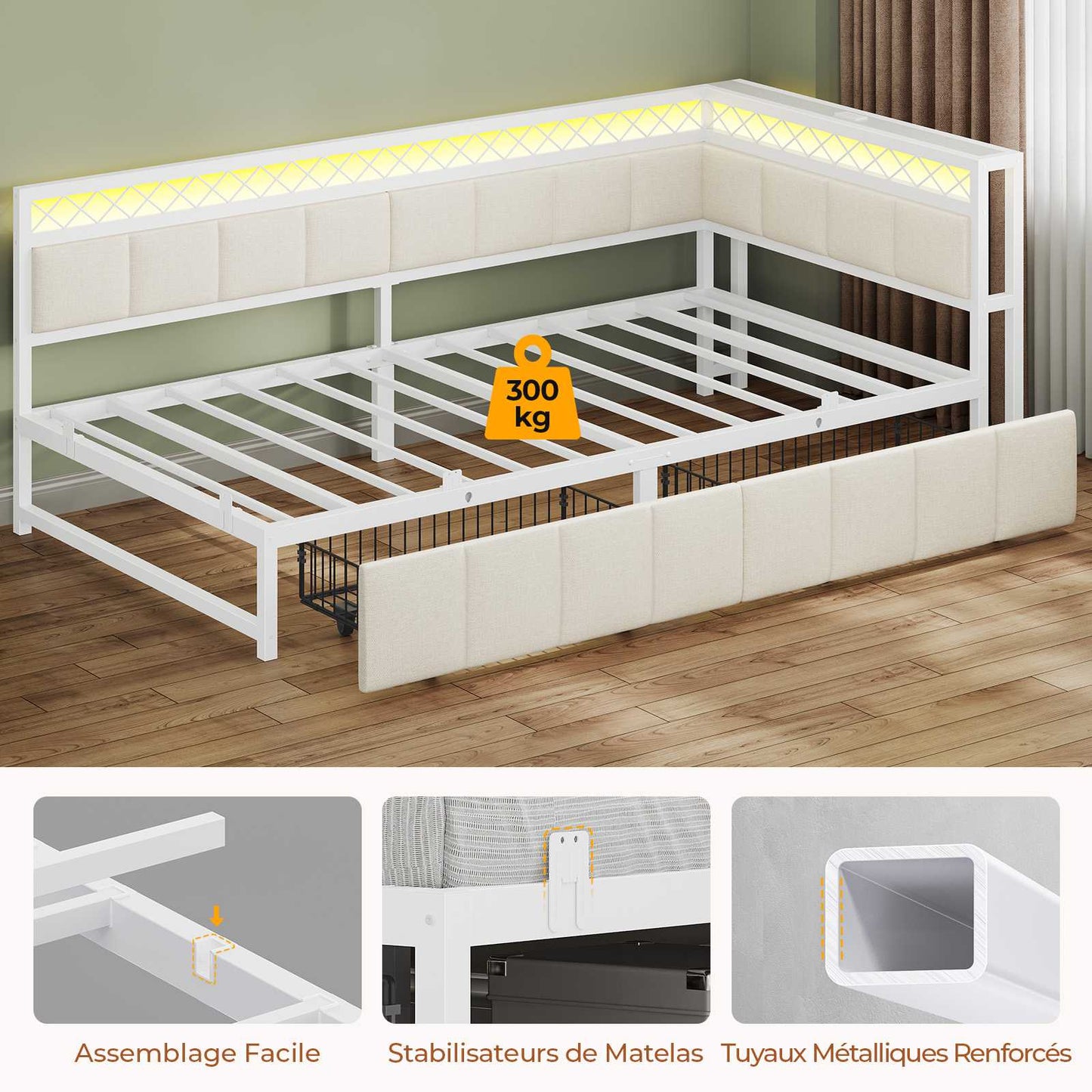 Canapé Lit 90x200 avec Étagère Ouverte et 2 Grands Tiroirs Lit Coffre 90x200 avec Éclairage LED et Multiprise