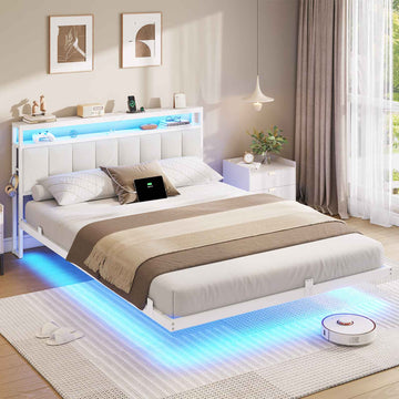 AOGLLATI Cadre de Lit 160x200 avec Multiprise et Éclairage LED Lit 2 Personnes Flottant avec Tête de Lit Rangement