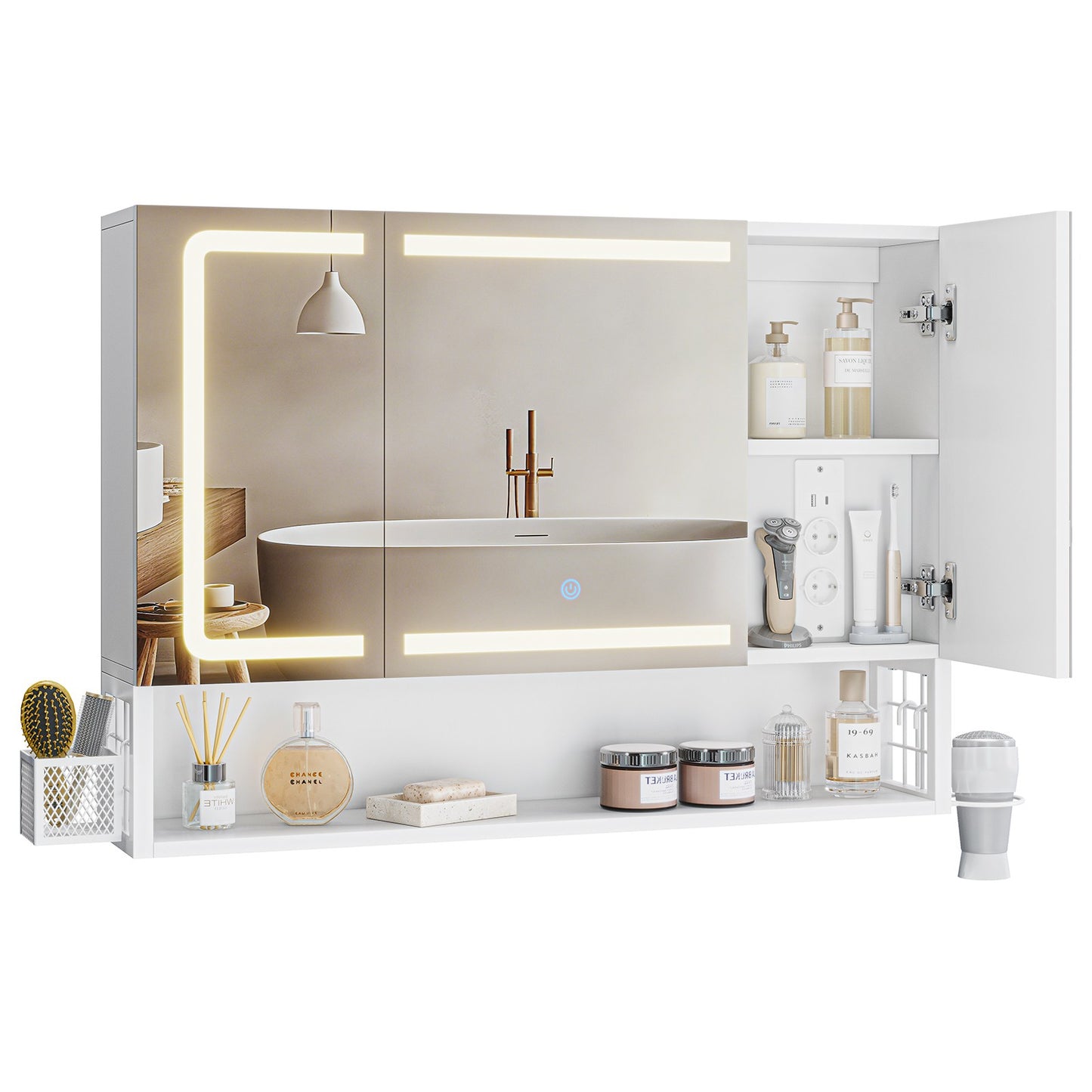 Armoire Murale Salle de Bain avec Éclairage LED et Prises Armoire de Toilette Miroir avec et Étagère Réglable