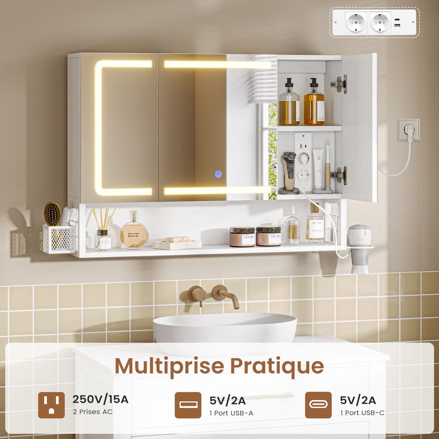 Armoire Murale Salle de Bain avec Éclairage LED et Prises Armoire de Toilette Miroir avec et Étagère Réglable