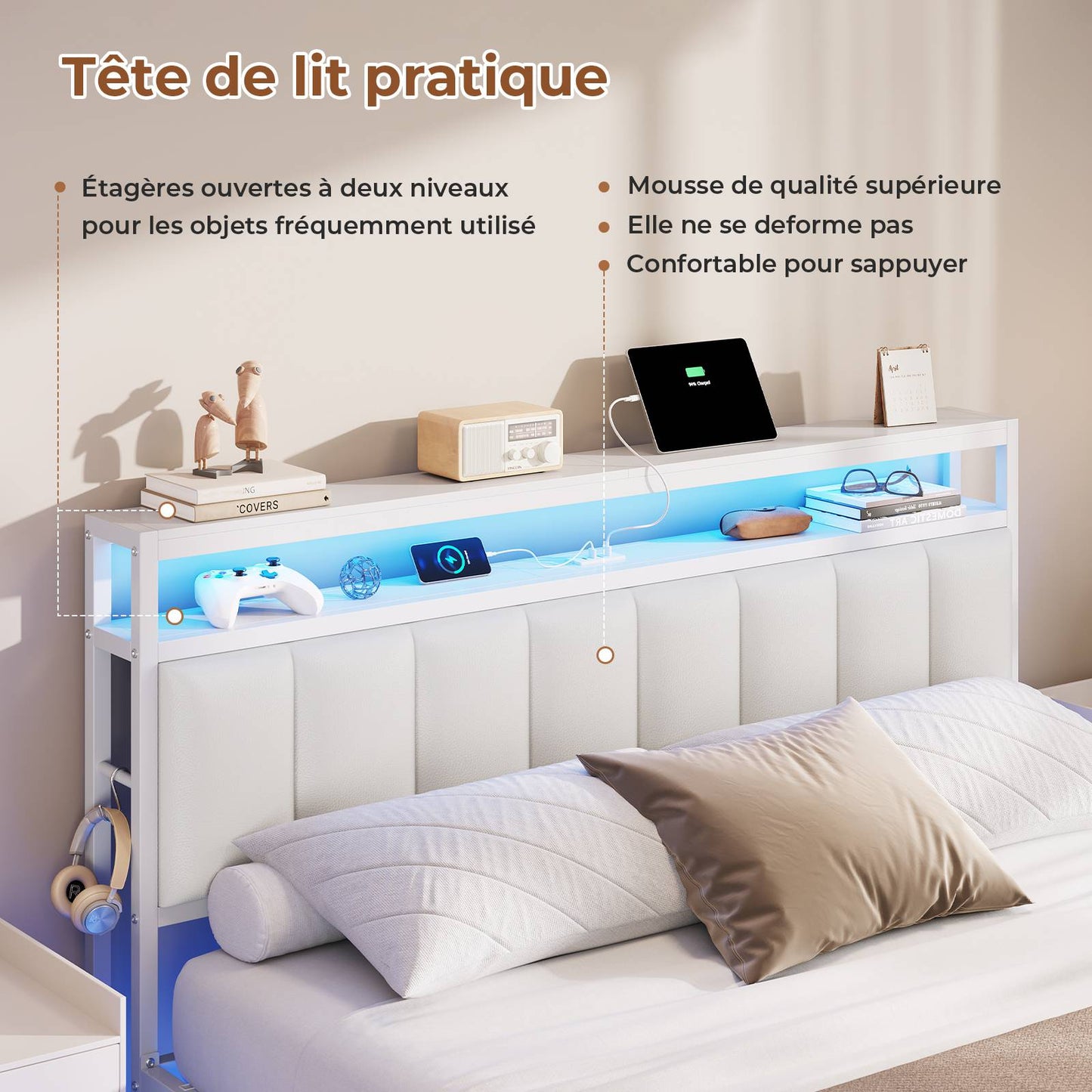AOGLLATI Cadre de Lit 160x200 avec Multiprise et Éclairage LED Lit 2 Personnes Flottant avec Tête de Lit Rangement