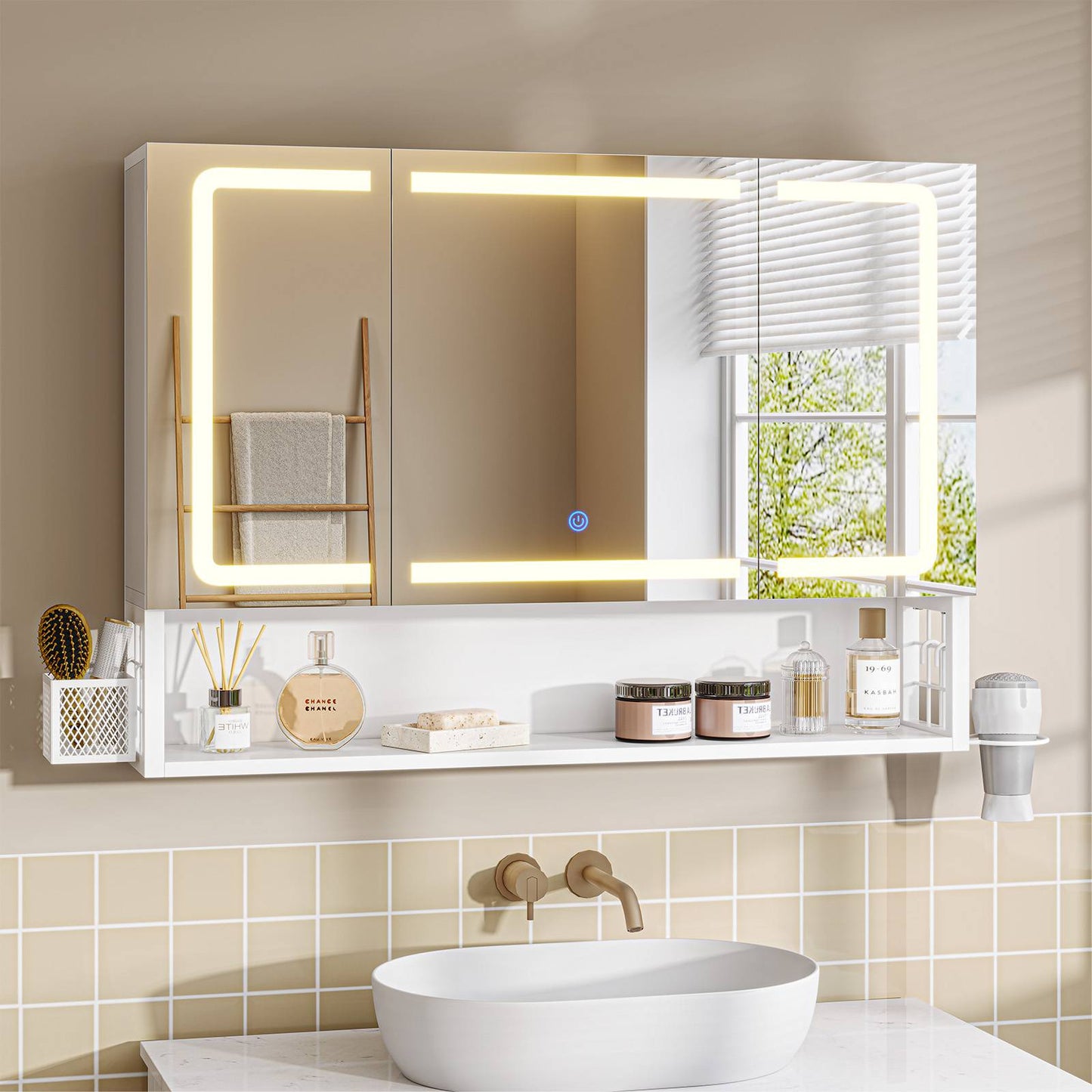 Armoire Murale Salle de Bain avec Éclairage LED et Prises Armoire de Toilette Miroir avec et Étagère Réglable