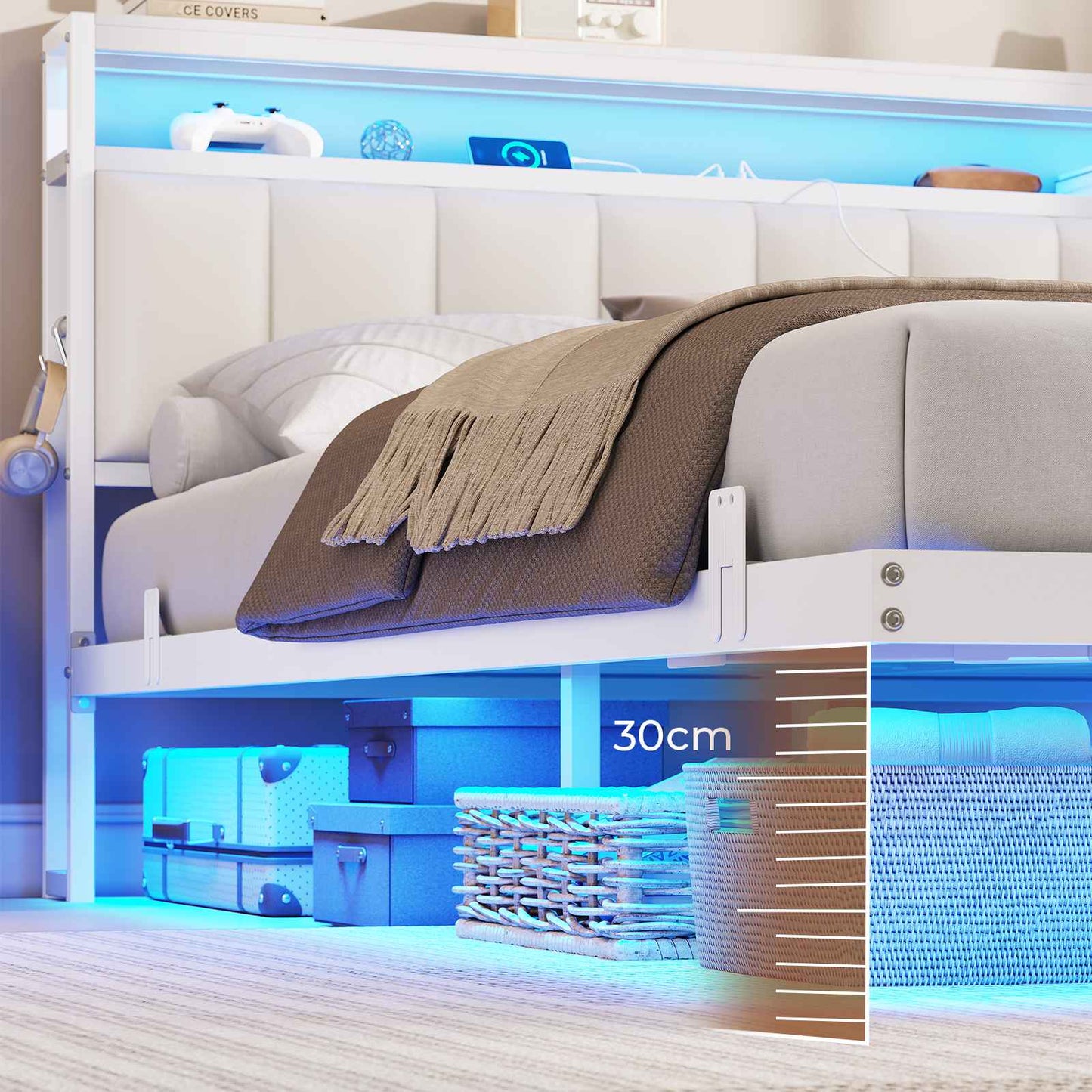 AOGLLATI Cadre de Lit 160x200 avec Multiprise et Éclairage LED Lit 2 Personnes Flottant avec Tête de Lit Rangement