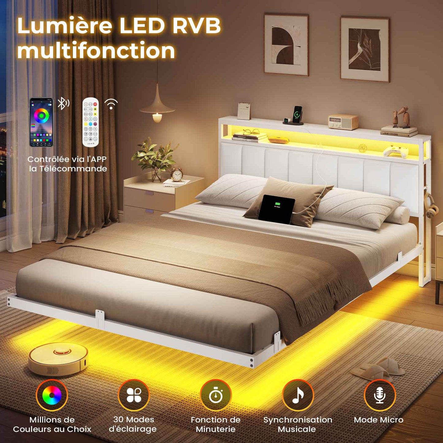AOGLLATI Cadre de Lit 160x200 avec Multiprise et Éclairage LED Lit 2 Personnes Flottant avec Tête de Lit Rangement