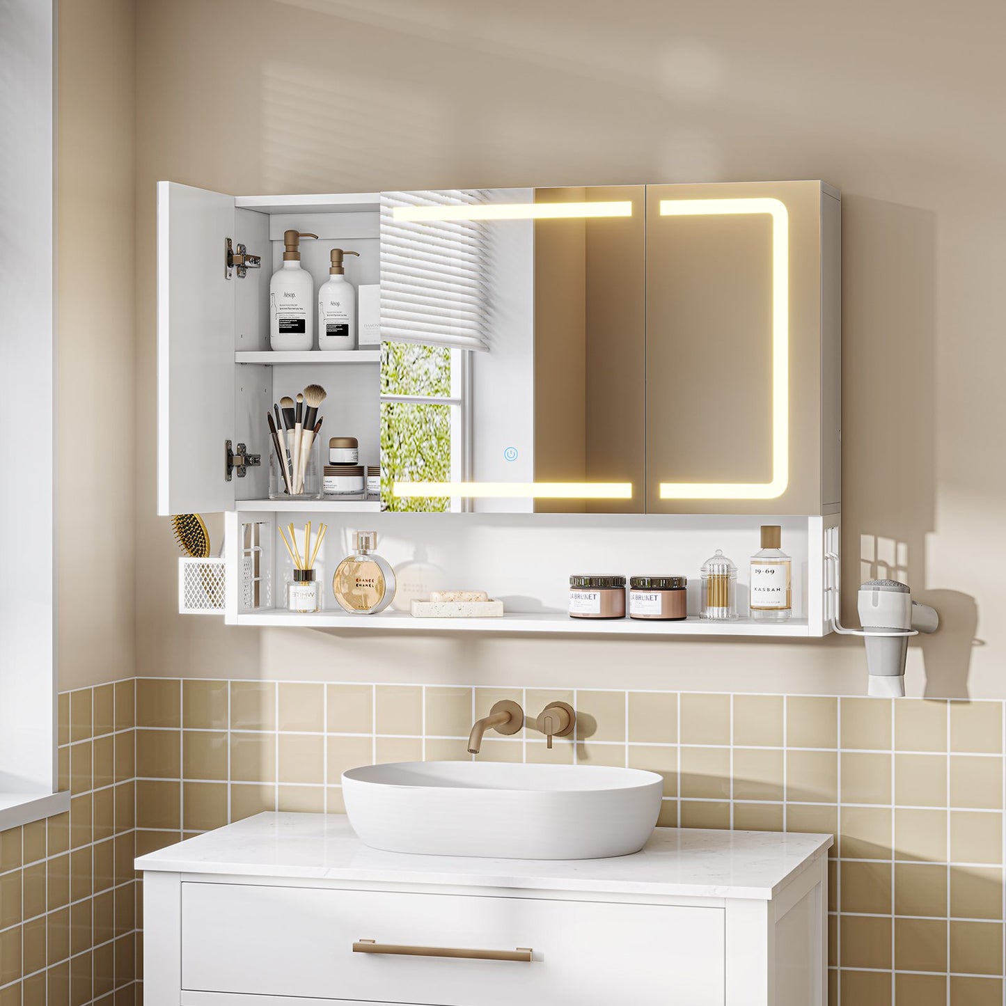 Armoire Murale Salle de Bain avec Éclairage LED et Prises Armoire de Toilette Miroir avec et Étagère Réglable