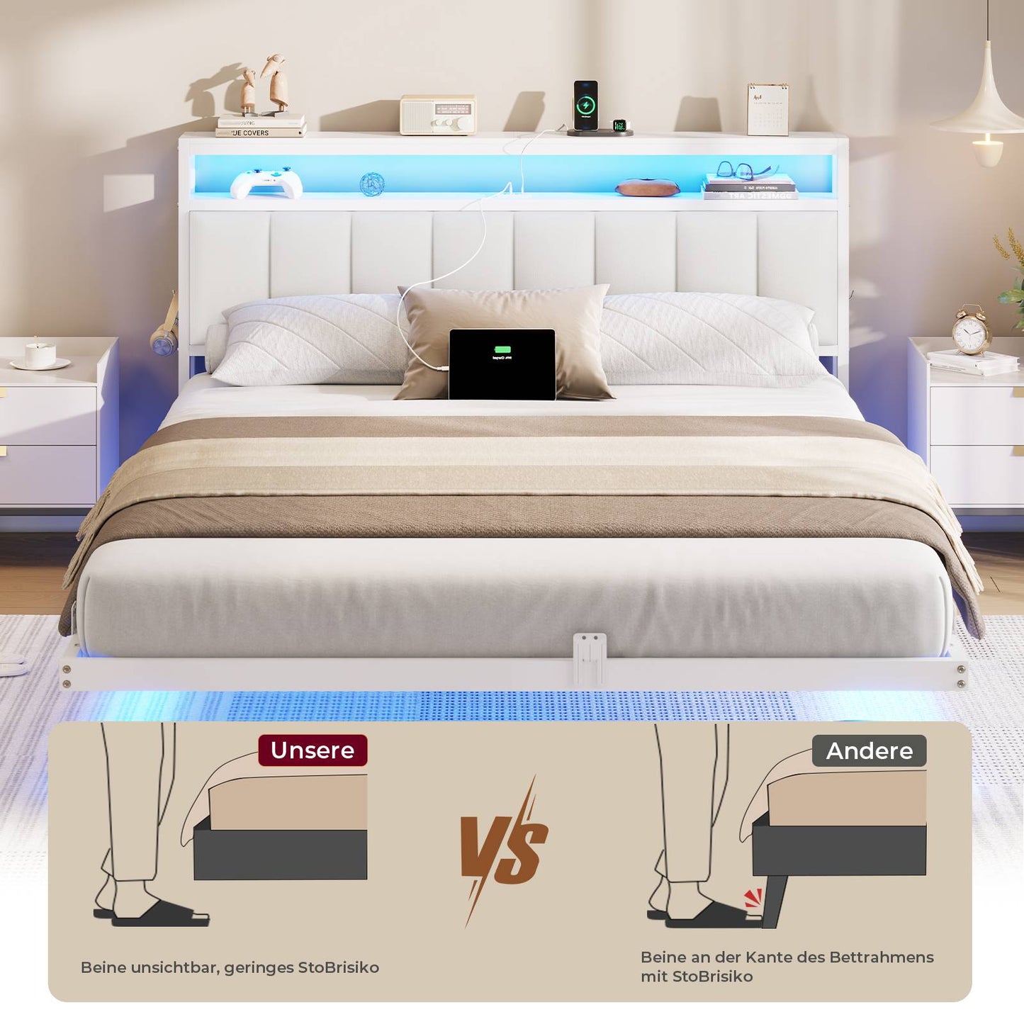 AOGLLATI Cadre de Lit 160x200 avec Multiprise et Éclairage LED Lit 2 Personnes Flottant avec Tête de Lit Rangement