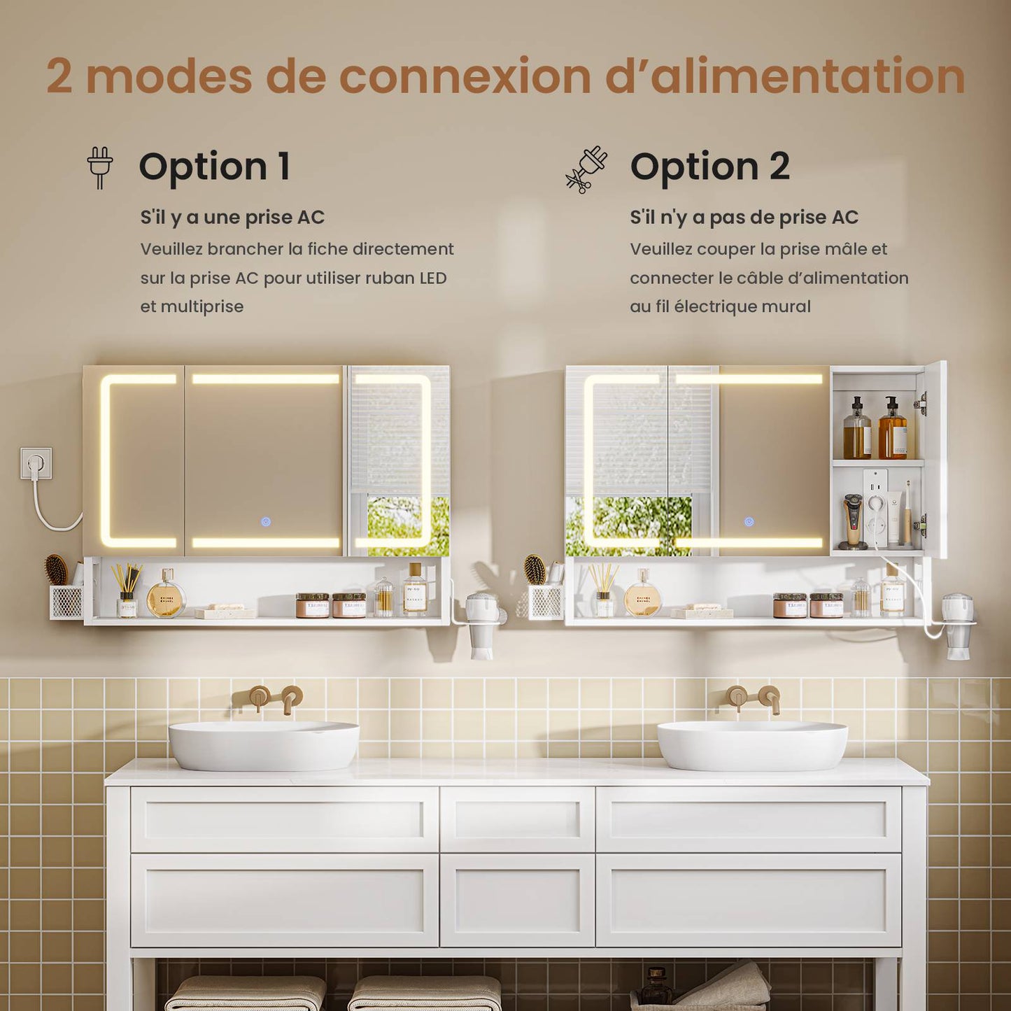 Armoire Murale Salle de Bain avec Éclairage LED et Prises Armoire de Toilette Miroir avec et Étagère Réglable