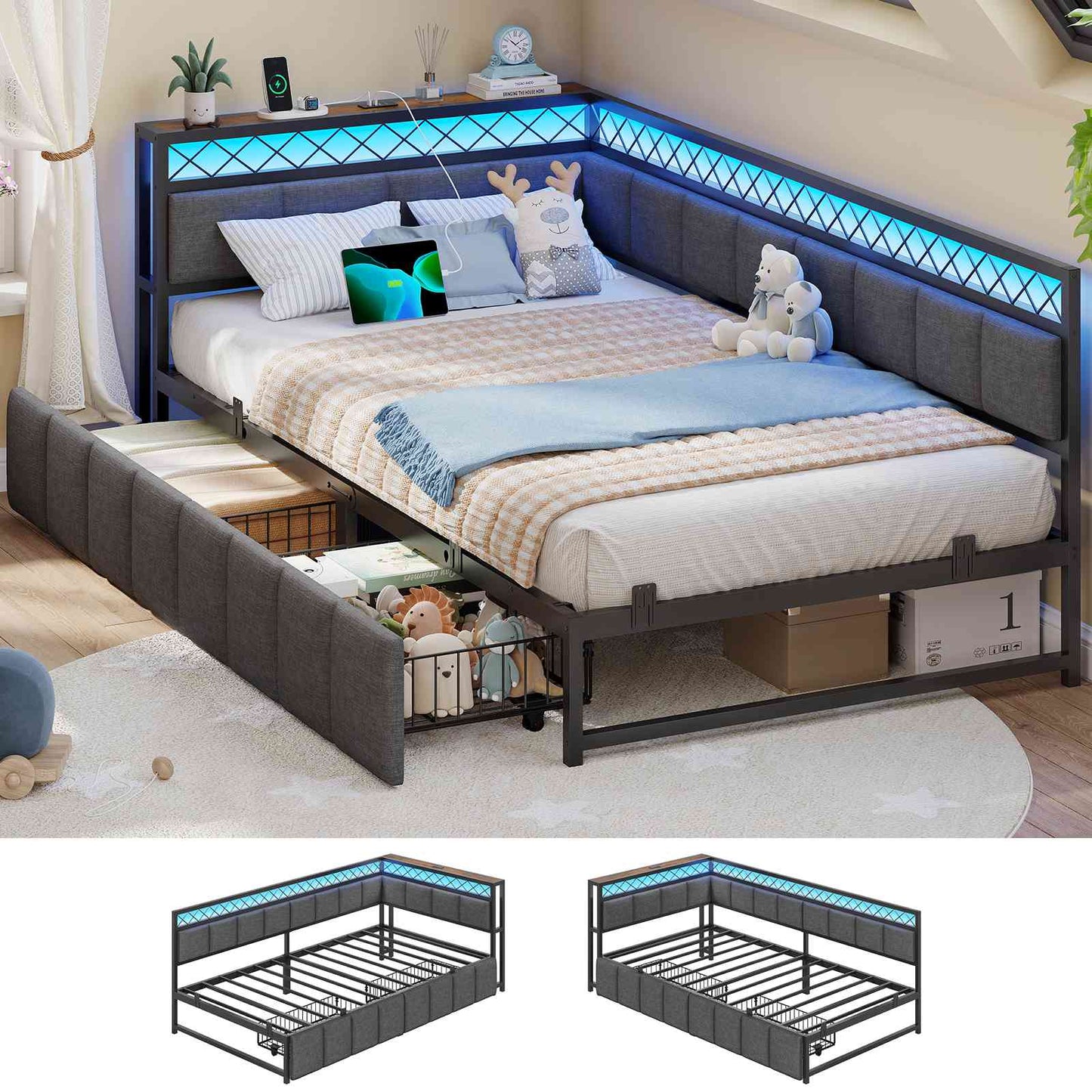 Canapé Lit 90x190 avec Étagère Ouverte et 2 Grands Tiroirs Lit Coffre 90x190 avec Éclairage LED et Multiprise