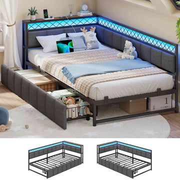 Canapé Lit 90x190 avec Étagère Ouverte et 2 Grands Tiroirs Lit Coffre 90x190 avec Éclairage LED et Multiprise