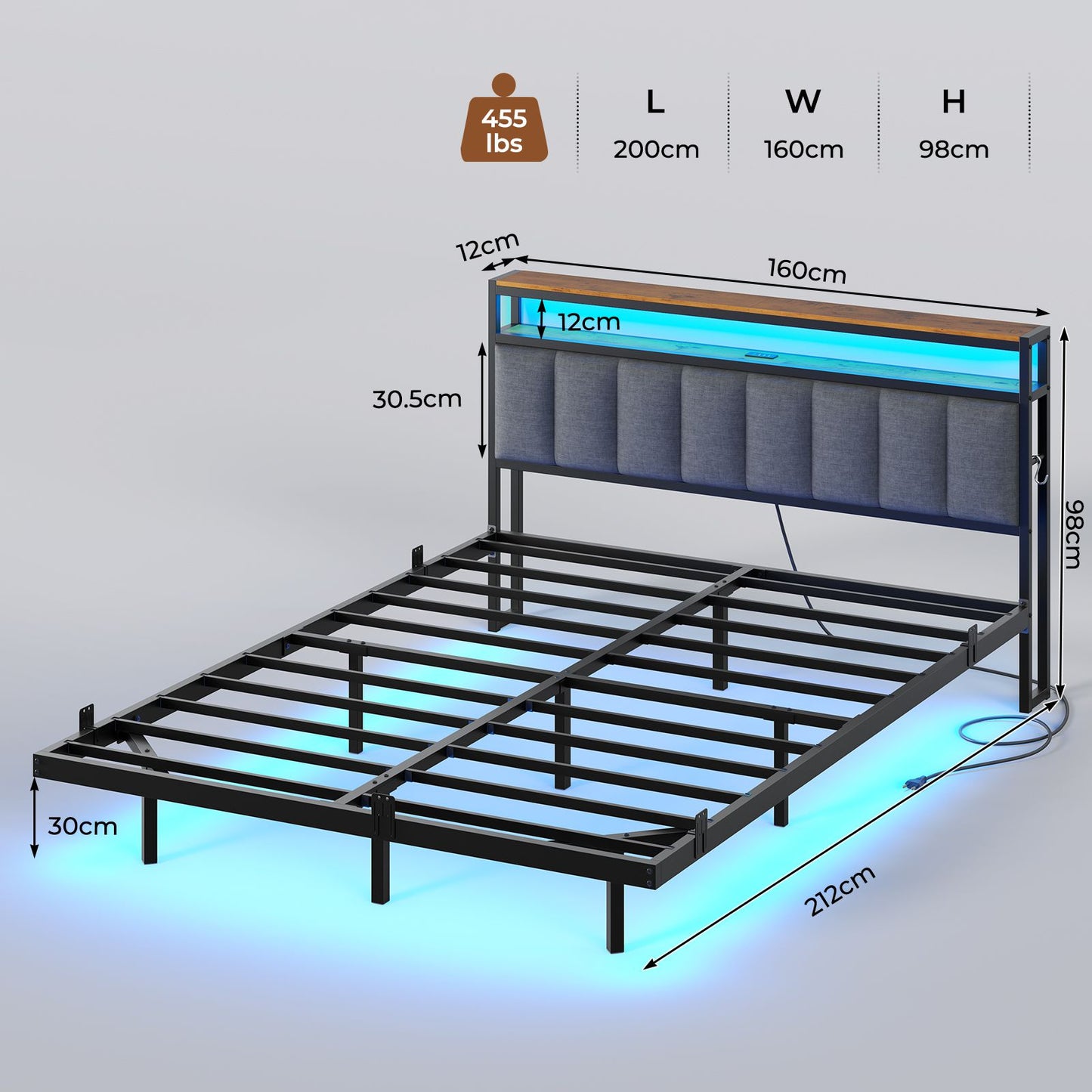 AOGLLATI Cadre de Lit 160x200 avec Multiprise et Éclairage LED Lit 2 Personnes Flottant avec Tête de Lit Rangement