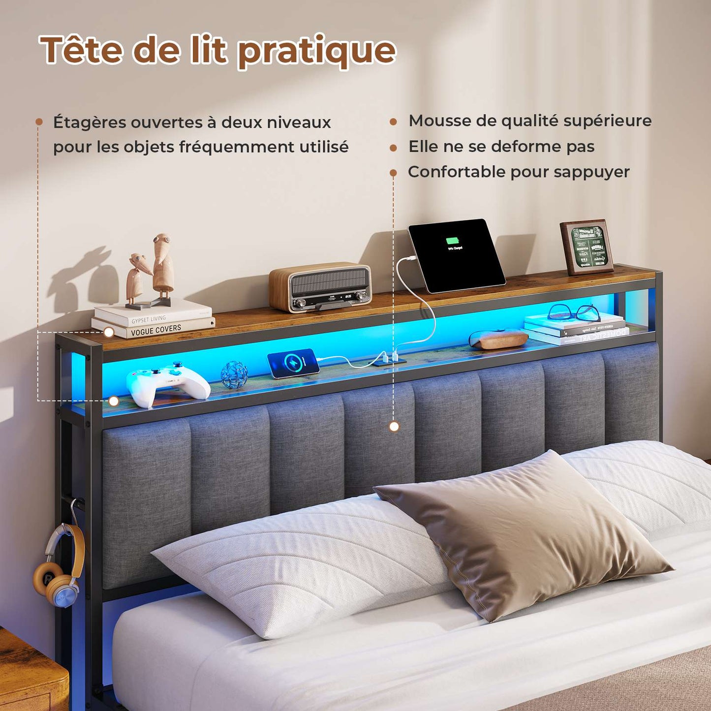 AOGLLATI Cadre de Lit 160x200 avec Multiprise et Éclairage LED Lit 2 Personnes Flottant avec Tête de Lit Rangement