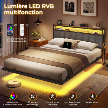 AOGLLATI Cadre de Lit 160x200 avec Multiprise et Éclairage LED Lit 2 Personnes Flottant avec Tête de Lit Rangement