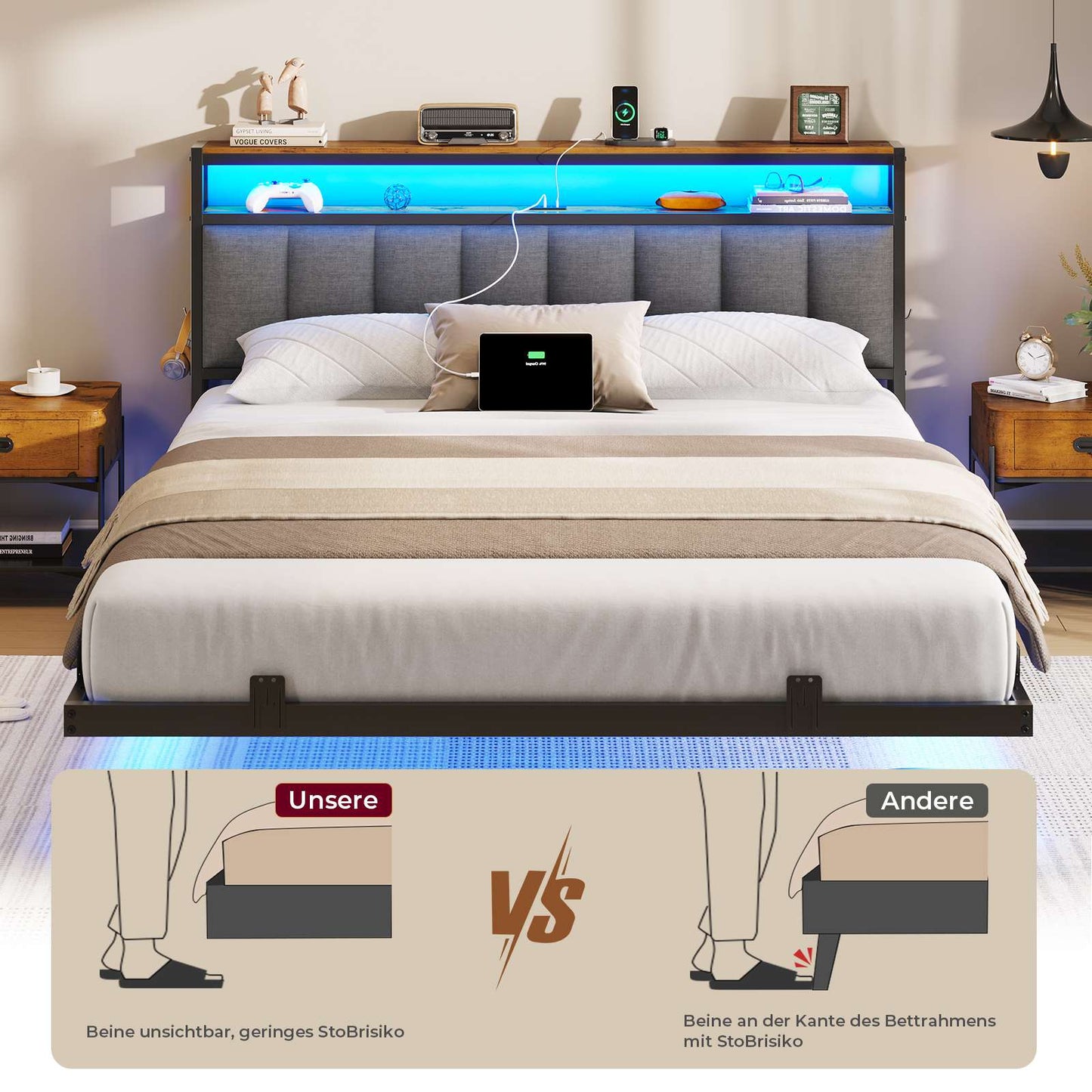 AOGLLATI Cadre de Lit 160x200 avec Multiprise et Éclairage LED Lit 2 Personnes Flottant avec Tête de Lit Rangement