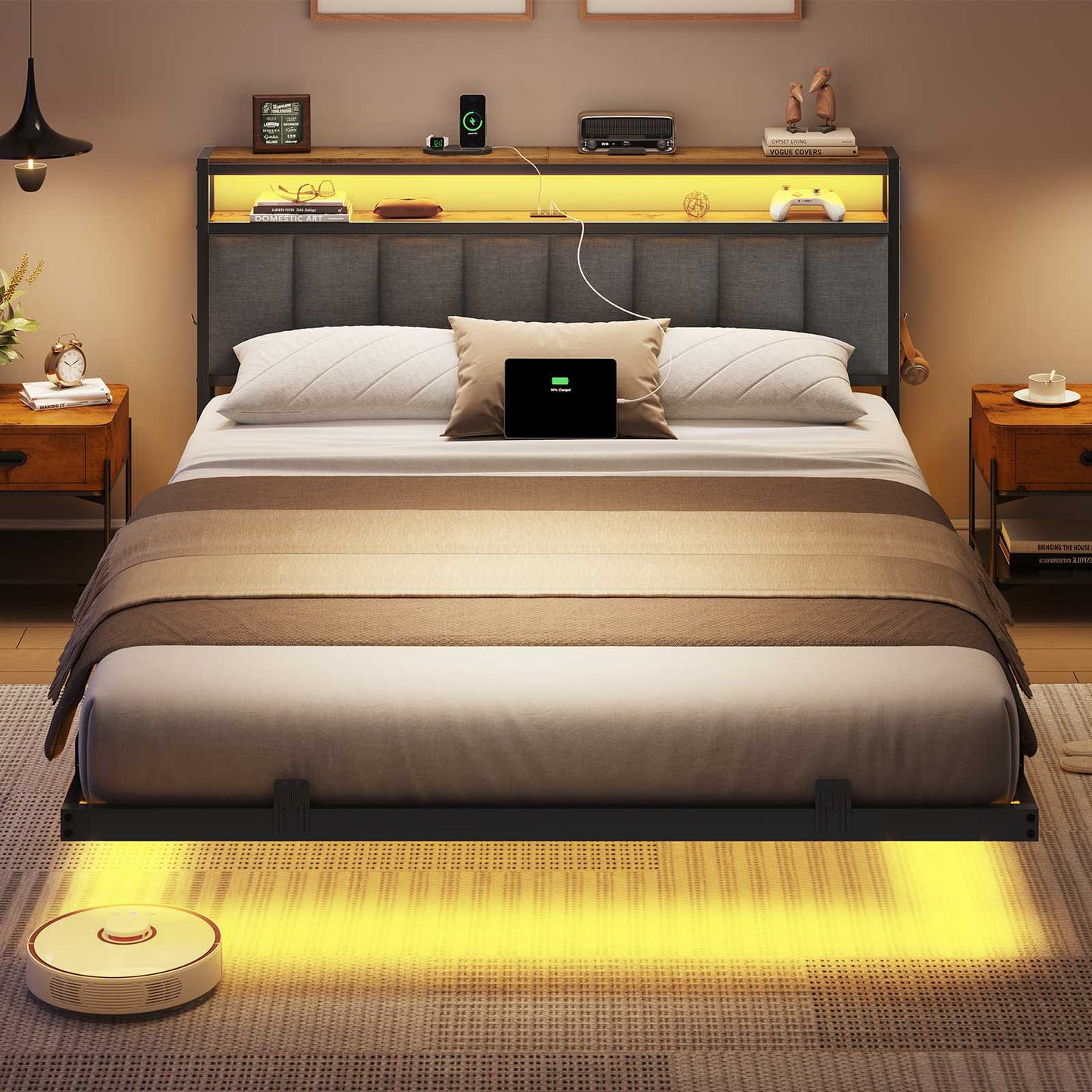 AOGLLATI Cadre de Lit 160x200 avec Multiprise et Éclairage LED Lit 2 Personnes Flottant avec Tête de Lit Rangement