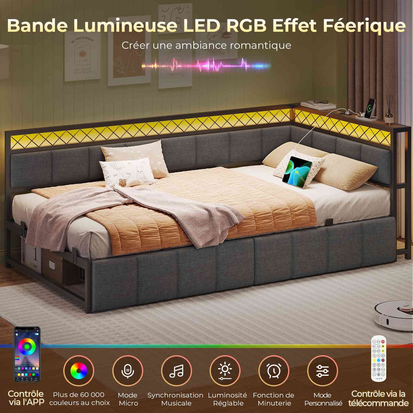 Canapé Lit 90x190 avec Étagère Ouverte et 2 Grands Tiroirs Lit Coffre 90x190 avec Éclairage LED et Multiprise