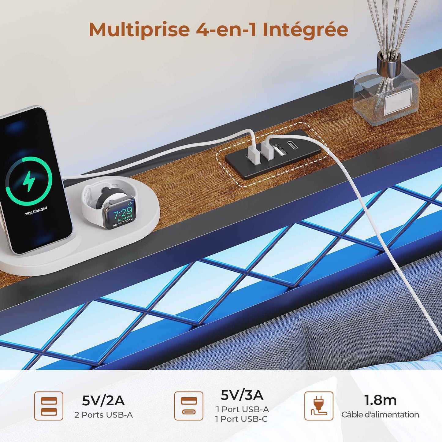 Canapé Lit 90x190 avec Étagère Ouverte et 2 Grands Tiroirs Lit Coffre 90x190 avec Éclairage LED et Multiprise