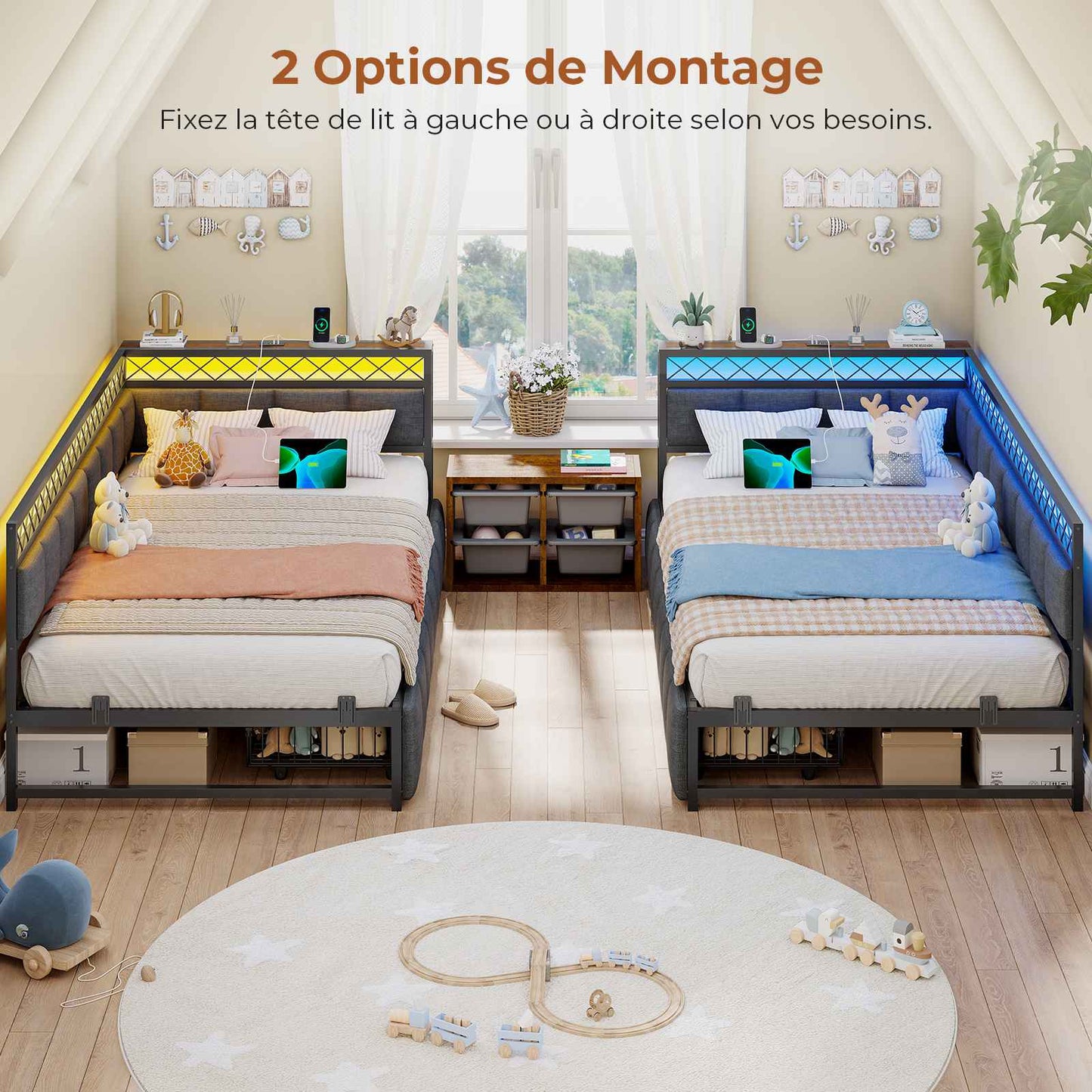 Canapé Lit 90x190 avec Étagère Ouverte et 2 Grands Tiroirs Lit Coffre 90x190 avec Éclairage LED et Multiprise