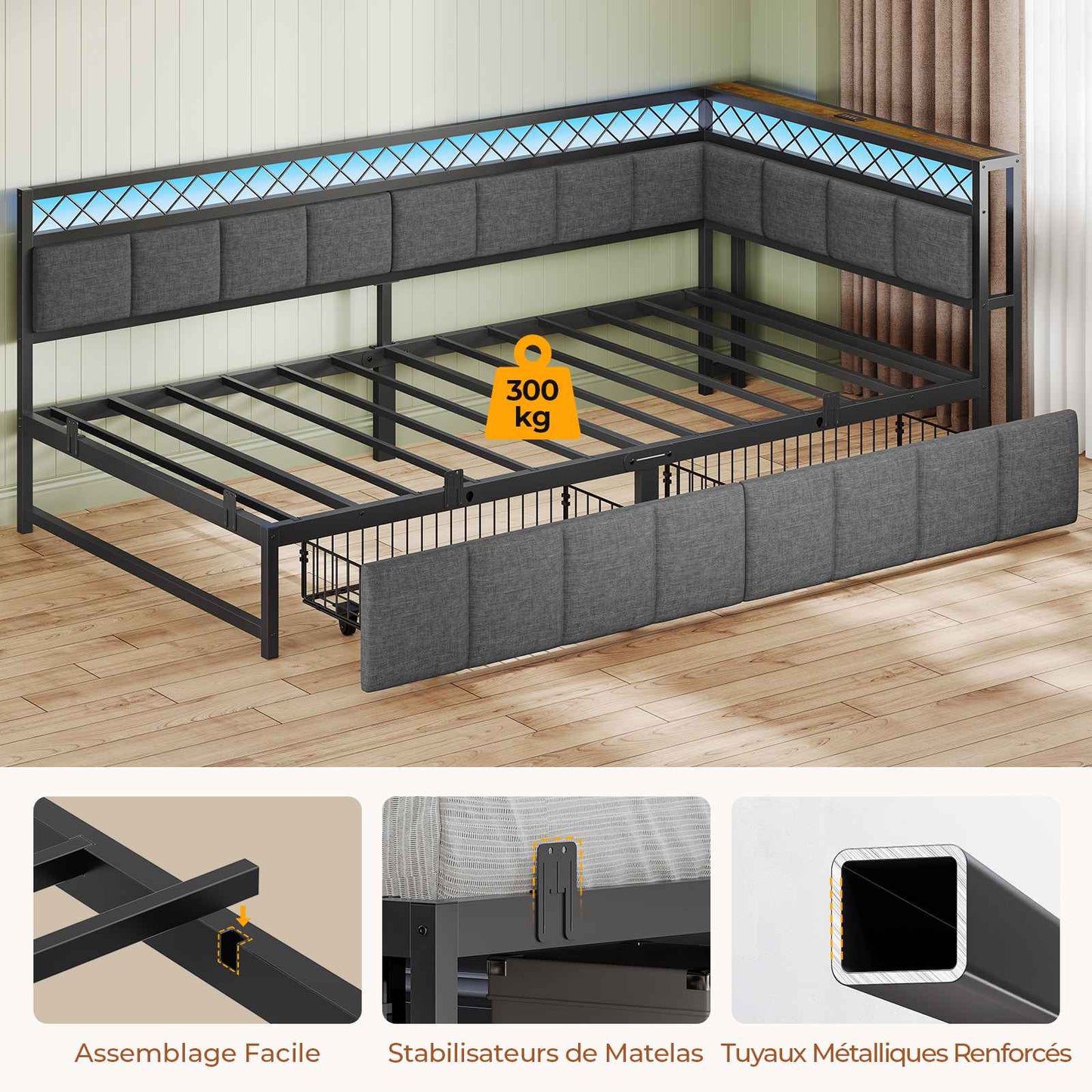 Canapé Lit 90x190 avec Étagère Ouverte et 2 Grands Tiroirs Lit Coffre 90x190 avec Éclairage LED et Multiprise