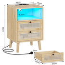 Table de Chevet en Rotin avec Avec Lumières LED et Multiprise 2 Prises CA 2 Ports USB Tables d'appoint avec 2 Tiroirs et Compartiment