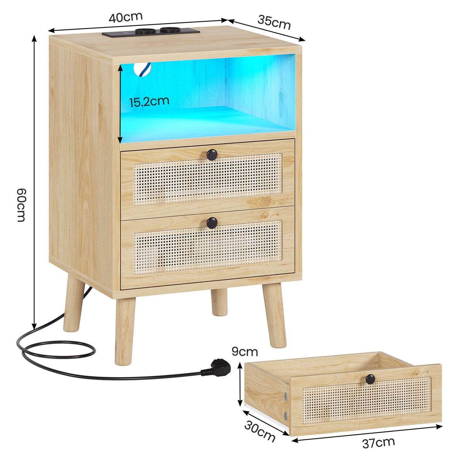 Table de Chevet en Rotin avec Avec Lumières LED et Multiprise 2 Prises CA 2 Ports USB Tables d'appoint avec 2 Tiroirs et Compartiment