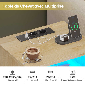 Table de Chevet en Rotin avec Avec Lumières LED et Multiprise 2 Prises CA 2 Ports USB Tables d'appoint avec 2 Tiroirs et Compartiment